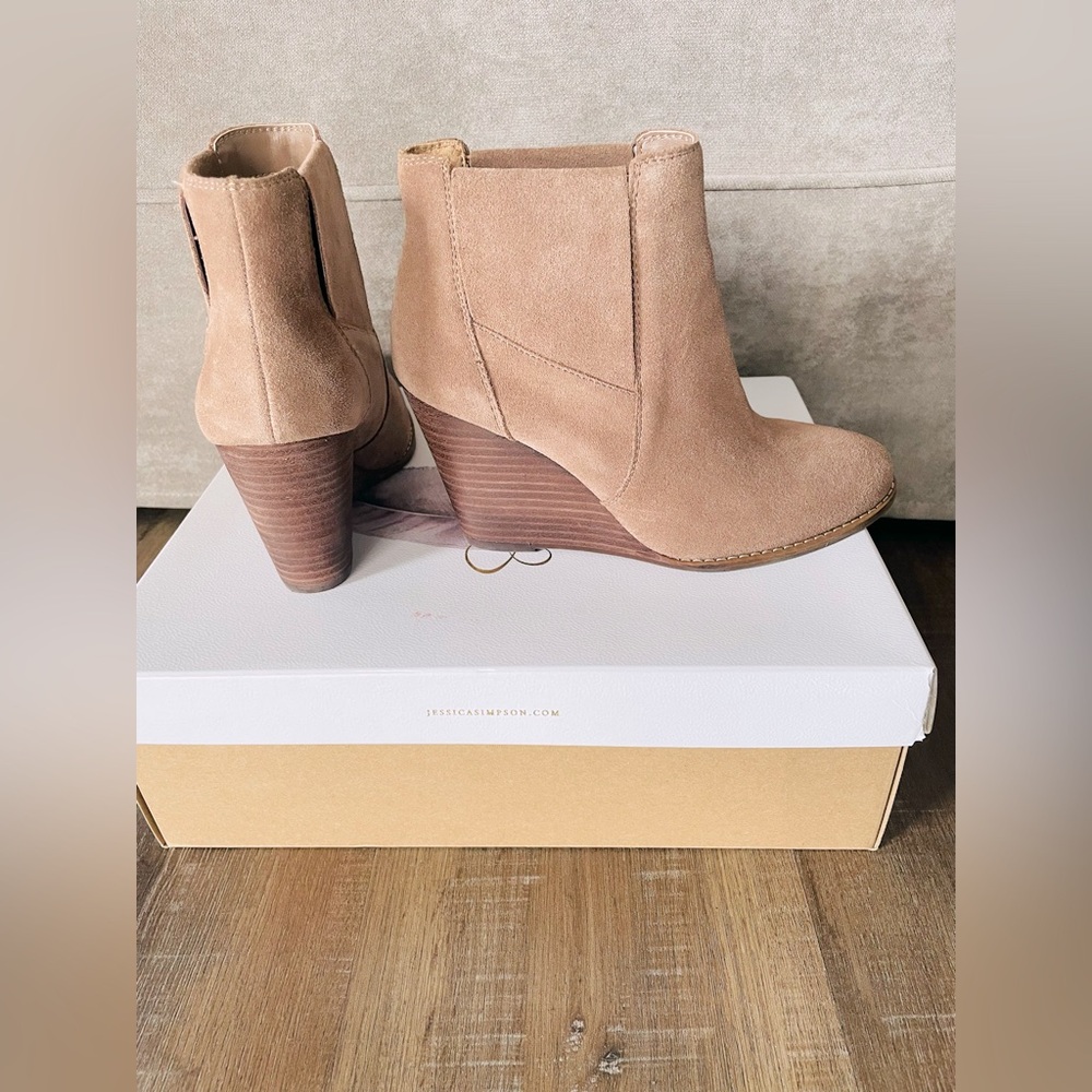 Jessica simpson wedge ankle boots. Size 5. Tan suede. 3 inch wedge.